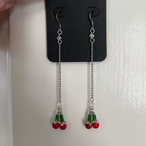Handmade long dangly red cherry earrings